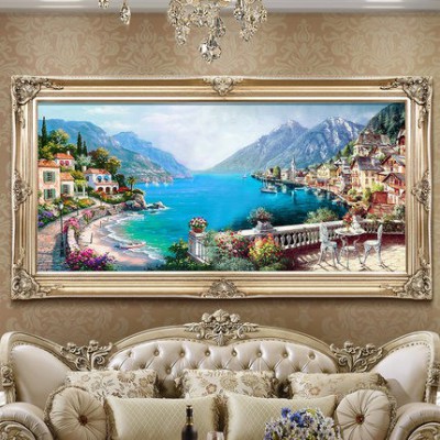 歐式客廳手繪油畫地中海風景餐廳掛畫山水壁畫沙發(fā)背景墻畫裝飾畫